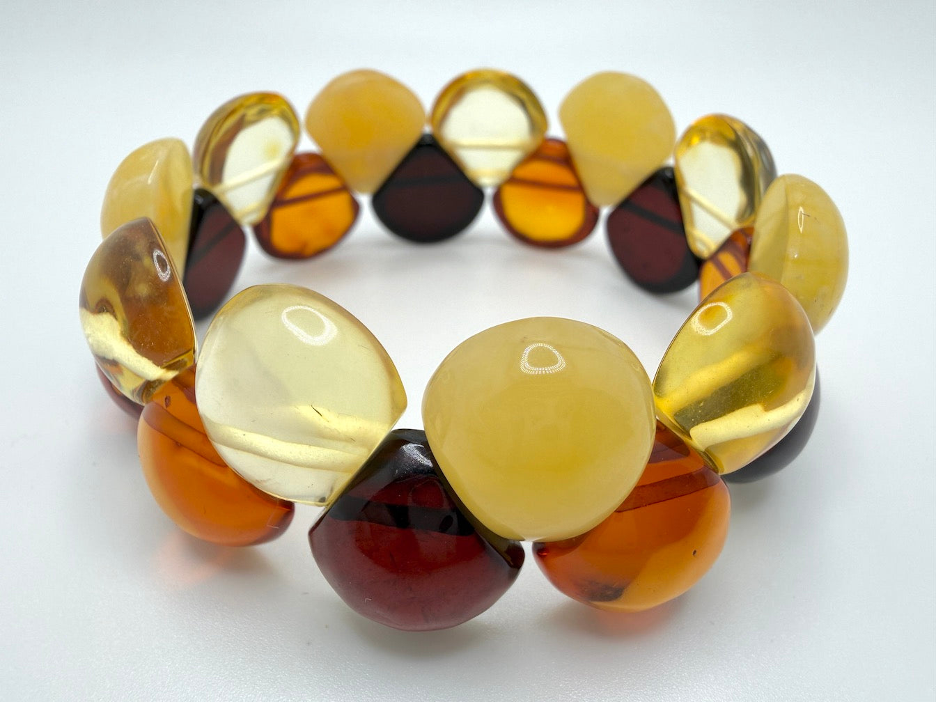 Two Row Multicolor Baltic Amber Stretch Bracelet – Perfectly Polished Teardrop Stones – Lemon, Cherry, Butterscotch & Honey