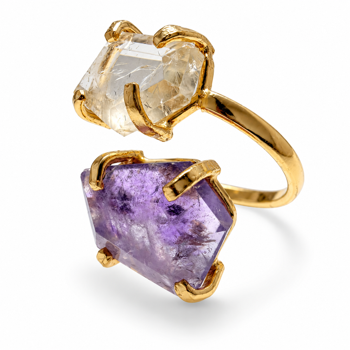 Two Stone Gemstone Ring, Amethyst Citrine Druzy Rose Quartz Ring