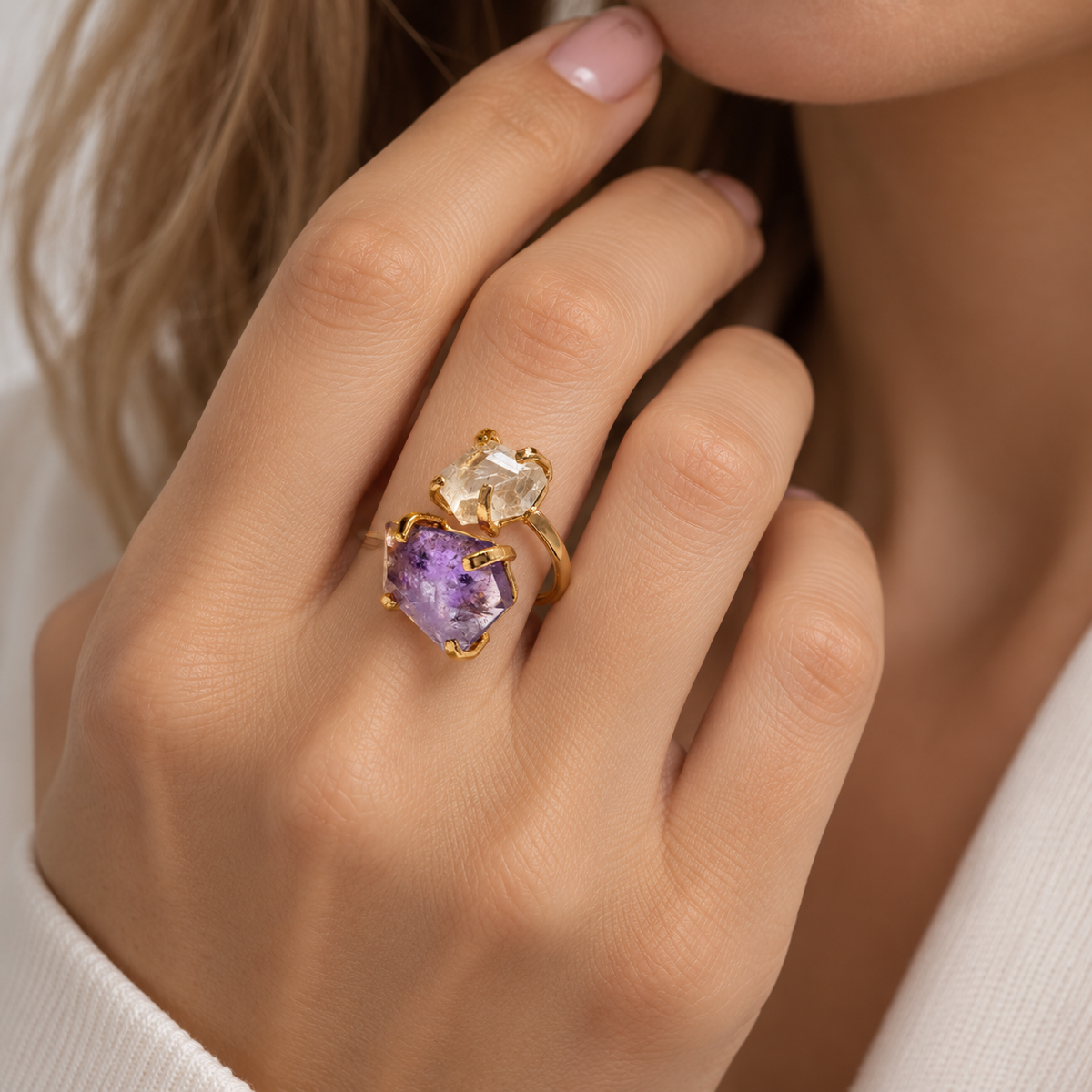 Two Stone Gemstone Ring, Amethyst Citrine Druzy Rose Quartz Ring