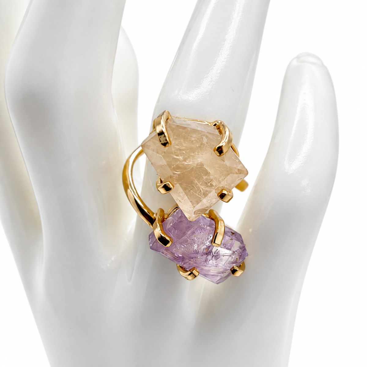Two Stone Gemstone Ring, Amethyst Citrine Druzy Rose Quartz Ring