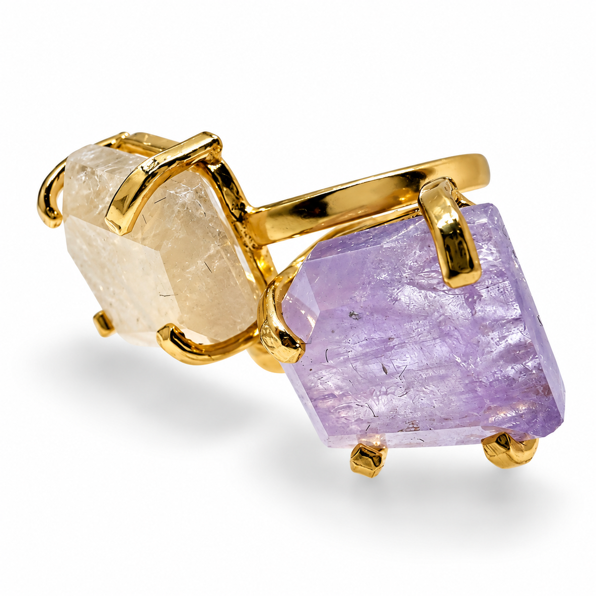 Two Stone Gemstone Ring, Amethyst Citrine Druzy Rose Quartz Ring
