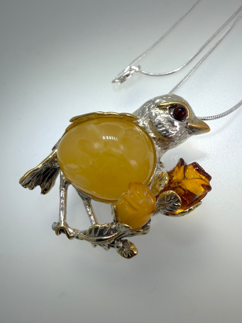 Unique Baltic Amber Sterling Silver Bird Pendant or Brooch