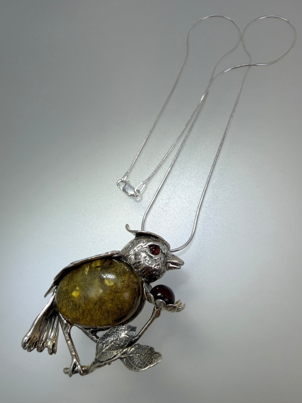 Unique Baltic Amber Sterling Silver Bird Pendant or Brooch