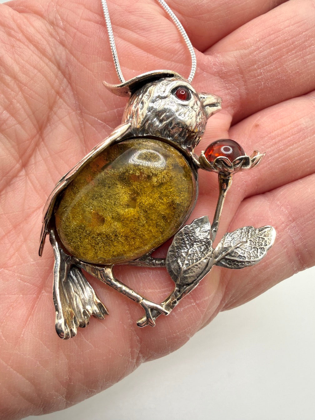 Unique Baltic Amber Sterling Silver Bird Pendant or Brooch