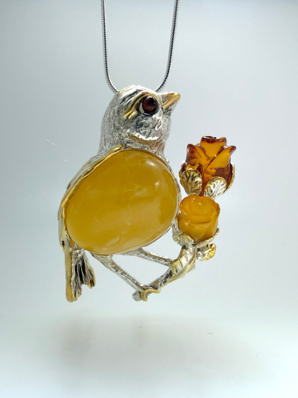 Unique Baltic Amber Sterling Silver Bird Pendant or Brooch