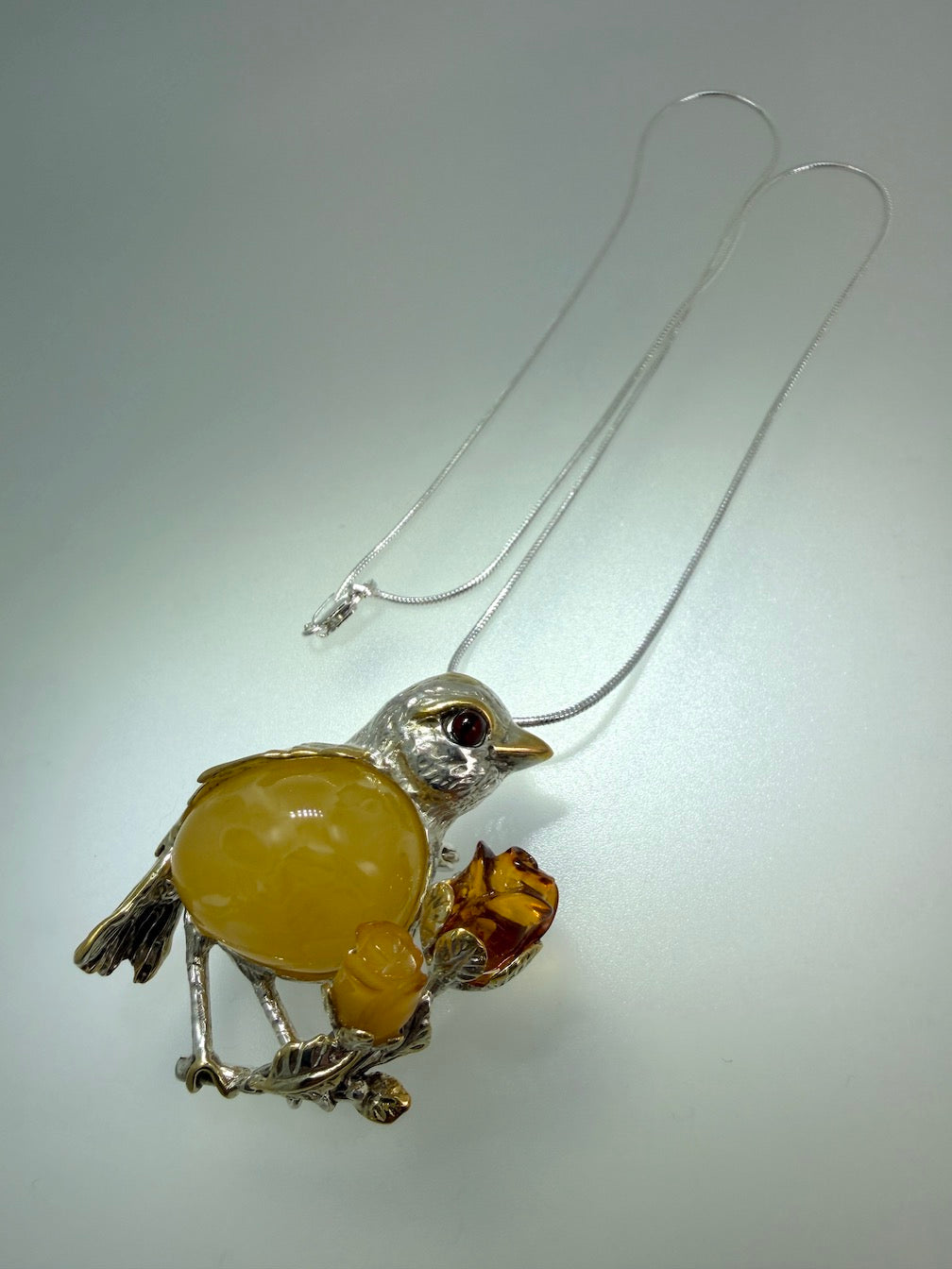Unique Baltic Amber Sterling Silver Bird Pendant or Brooch