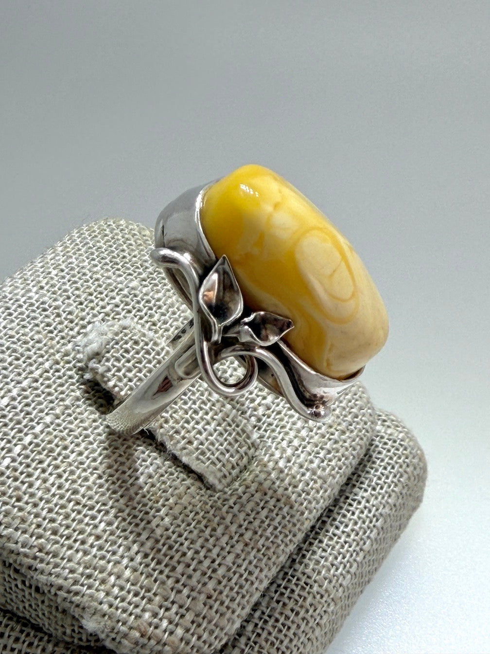 Unique Floral Leaf Ring with Genuine Rare Butterscotch Baltic Amber