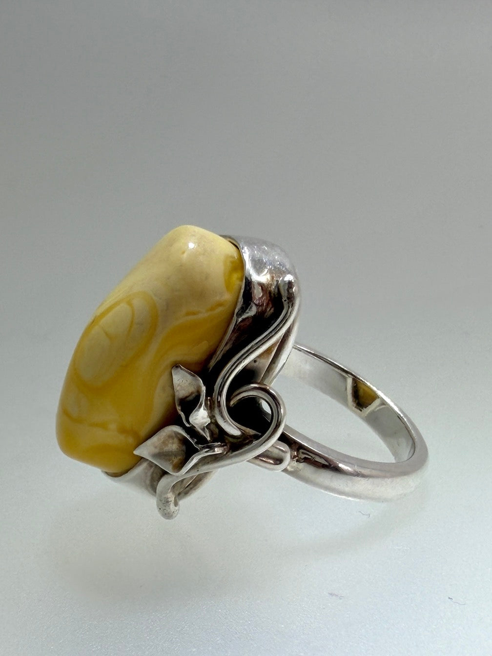 Unique Floral Leaf Ring with Genuine Rare Butterscotch Baltic Amber