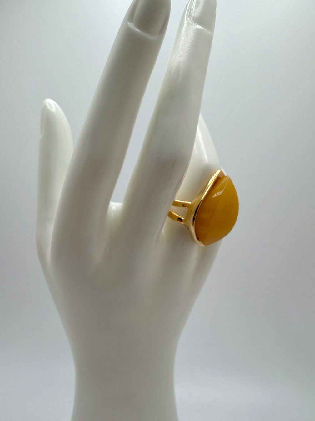 Unique Marquise Yellow Butterscotch Baltic Amber Adjustable Ring in Gold Plated Sterling Silver