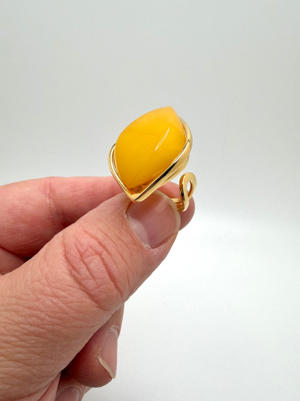 Unique Marquise Yellow Butterscotch Baltic Amber Adjustable Ring in Gold Plated Sterling Silver
