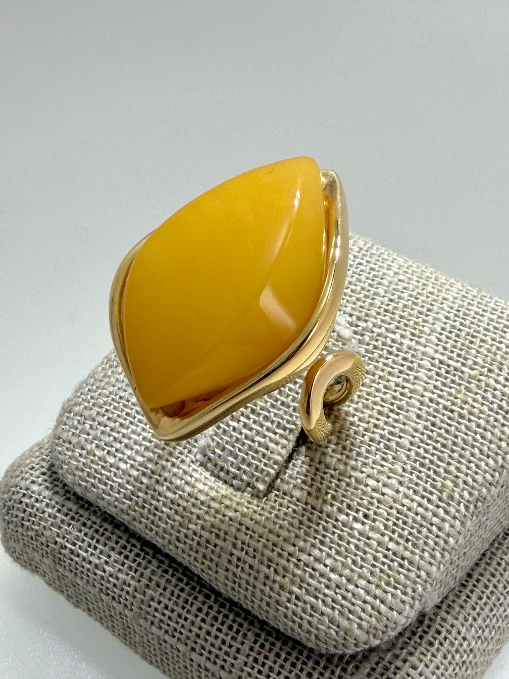 Unique Marquise Yellow Butterscotch Baltic Amber Adjustable Ring in Gold Plated Sterling Silver