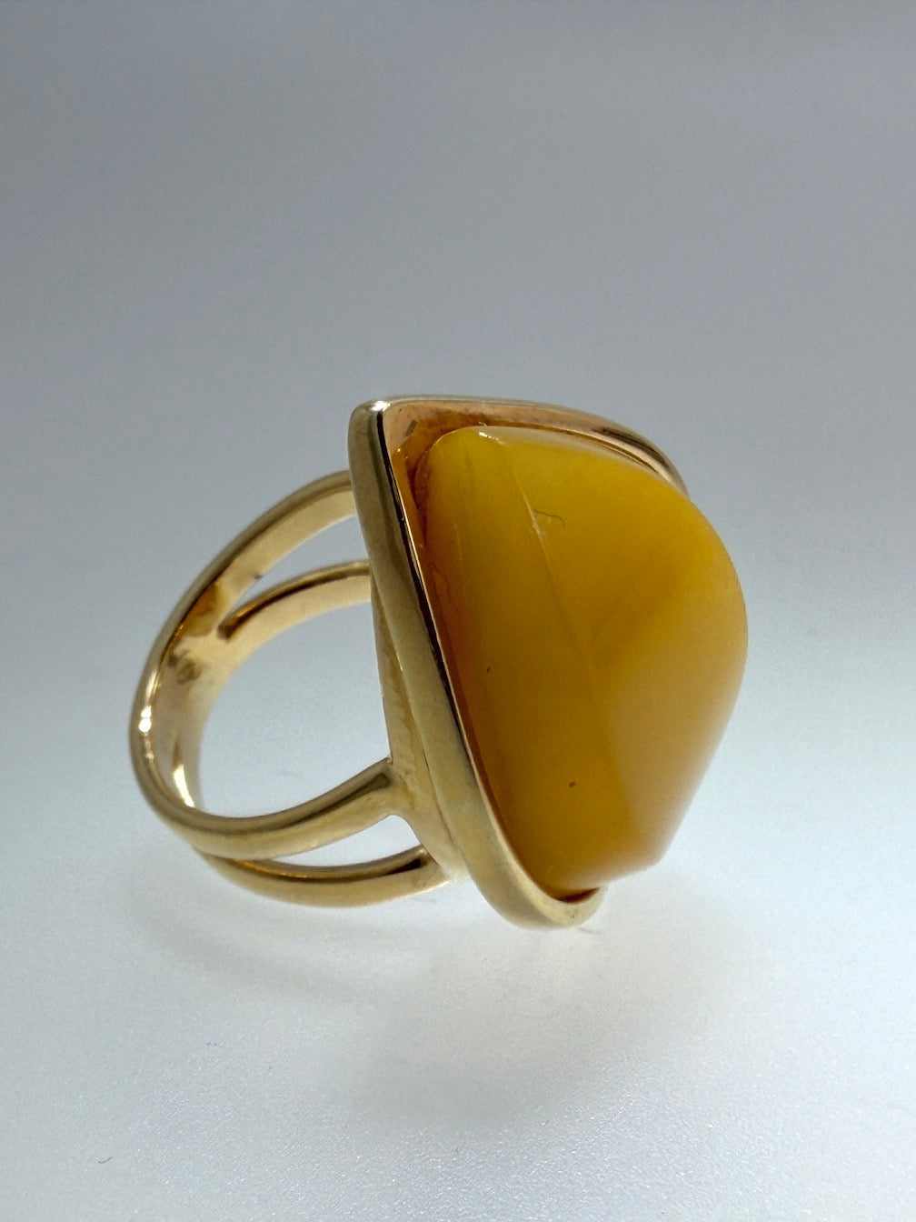 Unique Marquise Yellow Butterscotch Baltic Amber Adjustable Ring in Gold Plated Sterling Silver