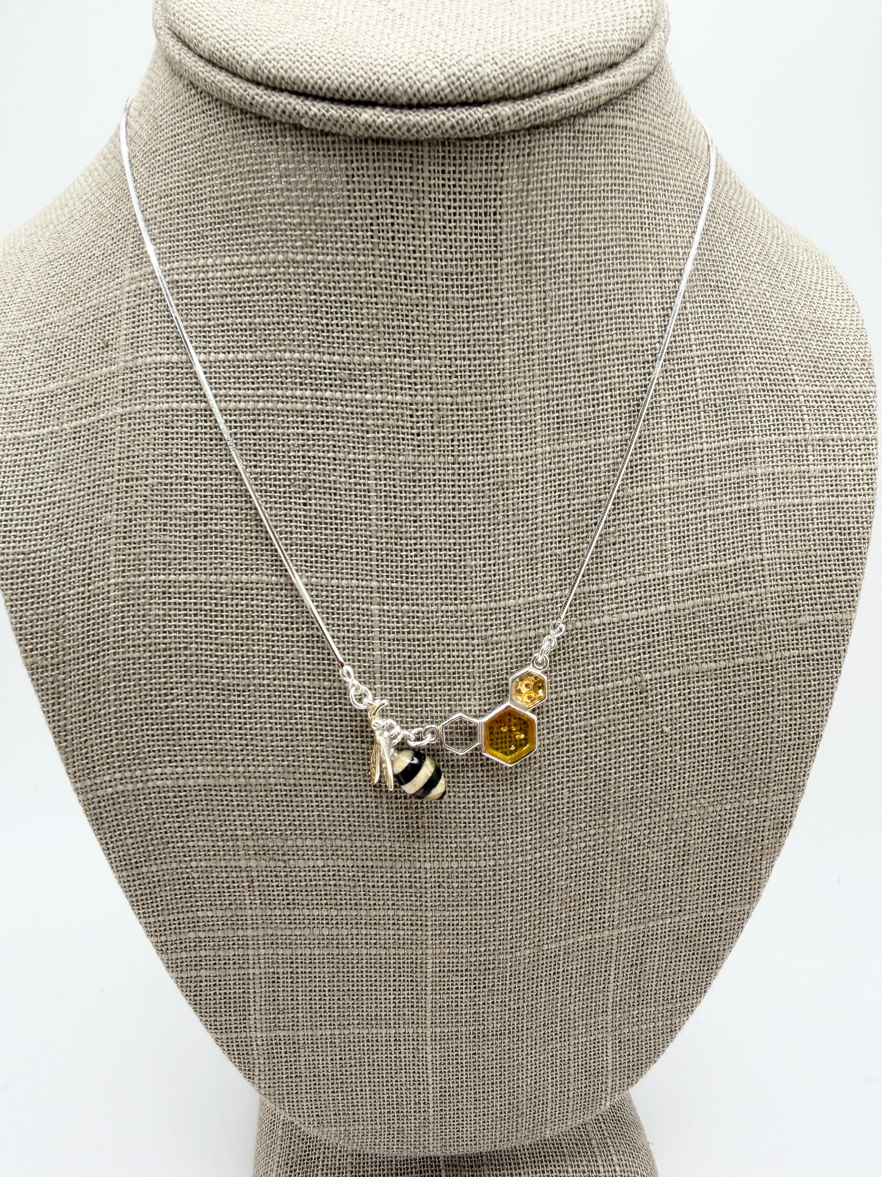 Whimsical Sterling Silver & Multicolor Baltic Amber Bumblebee Honeycomb Necklace – Handmade in Poland