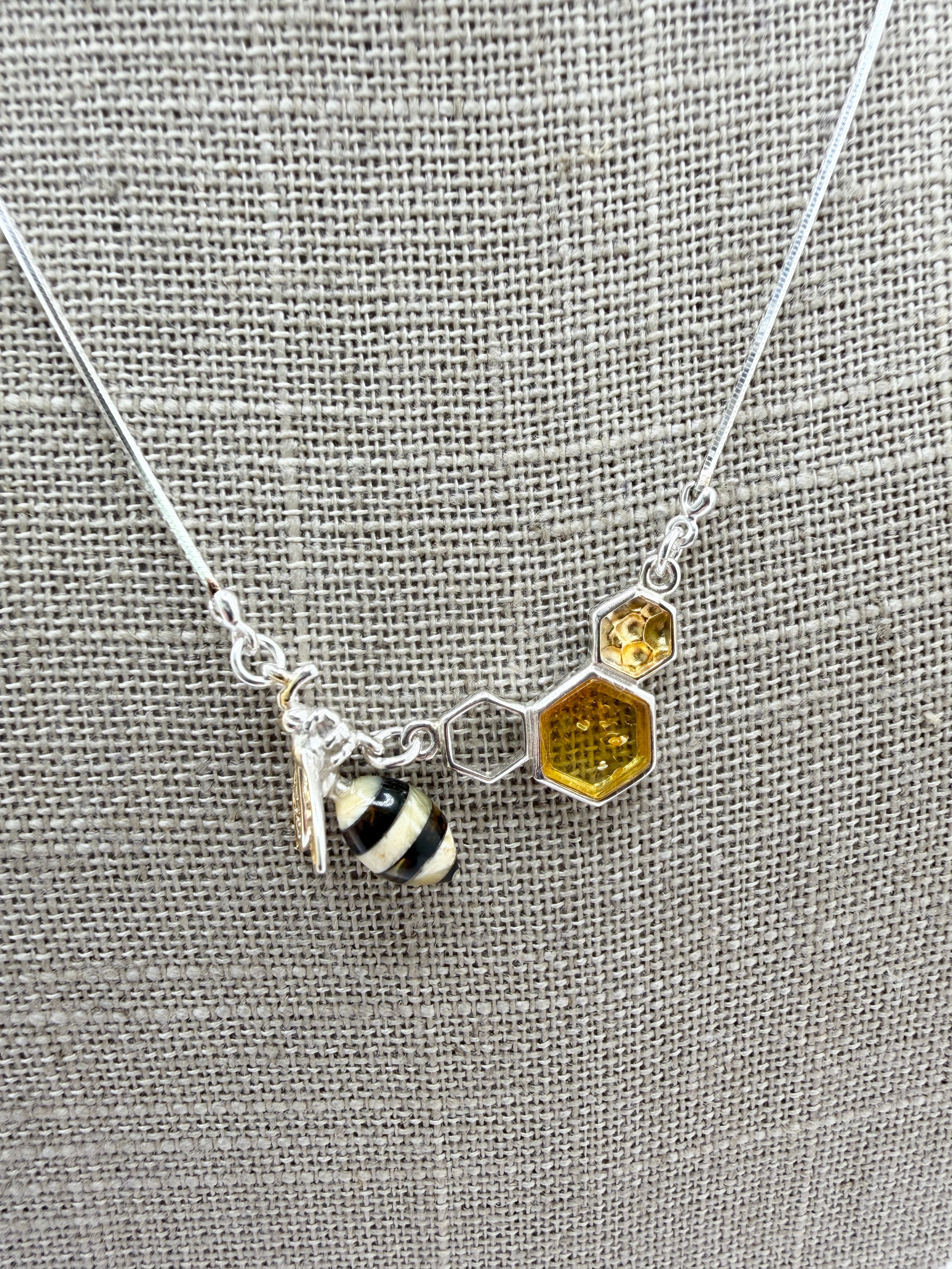 Whimsical Sterling Silver & Multicolor Baltic Amber Bumblebee Honeycomb Necklace – Handmade in Poland