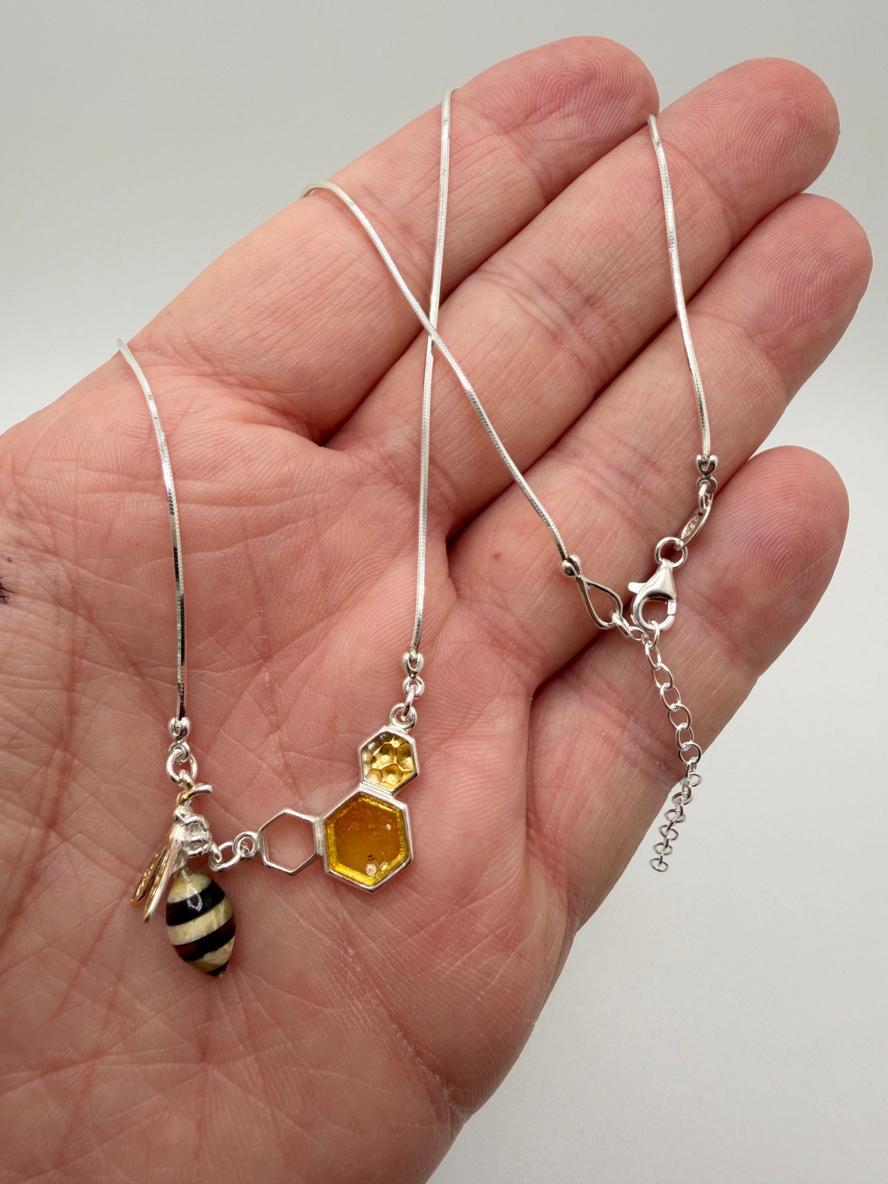 Whimsical Sterling Silver & Multicolor Baltic Amber Bumblebee Honeycomb Necklace – Handmade in Poland