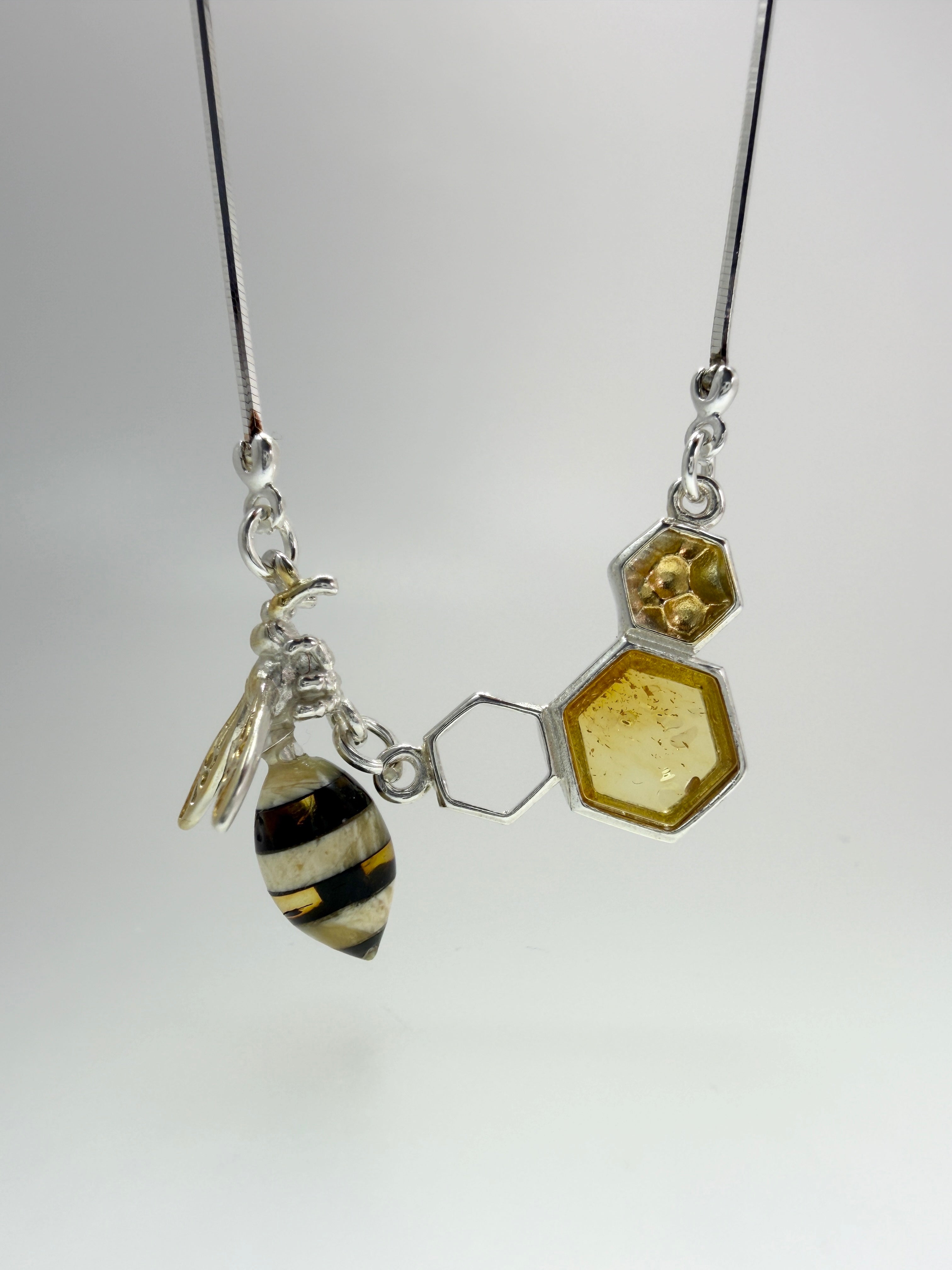 Whimsical Sterling Silver & Multicolor Baltic Amber Bumblebee Honeycomb Necklace – Handmade in Poland