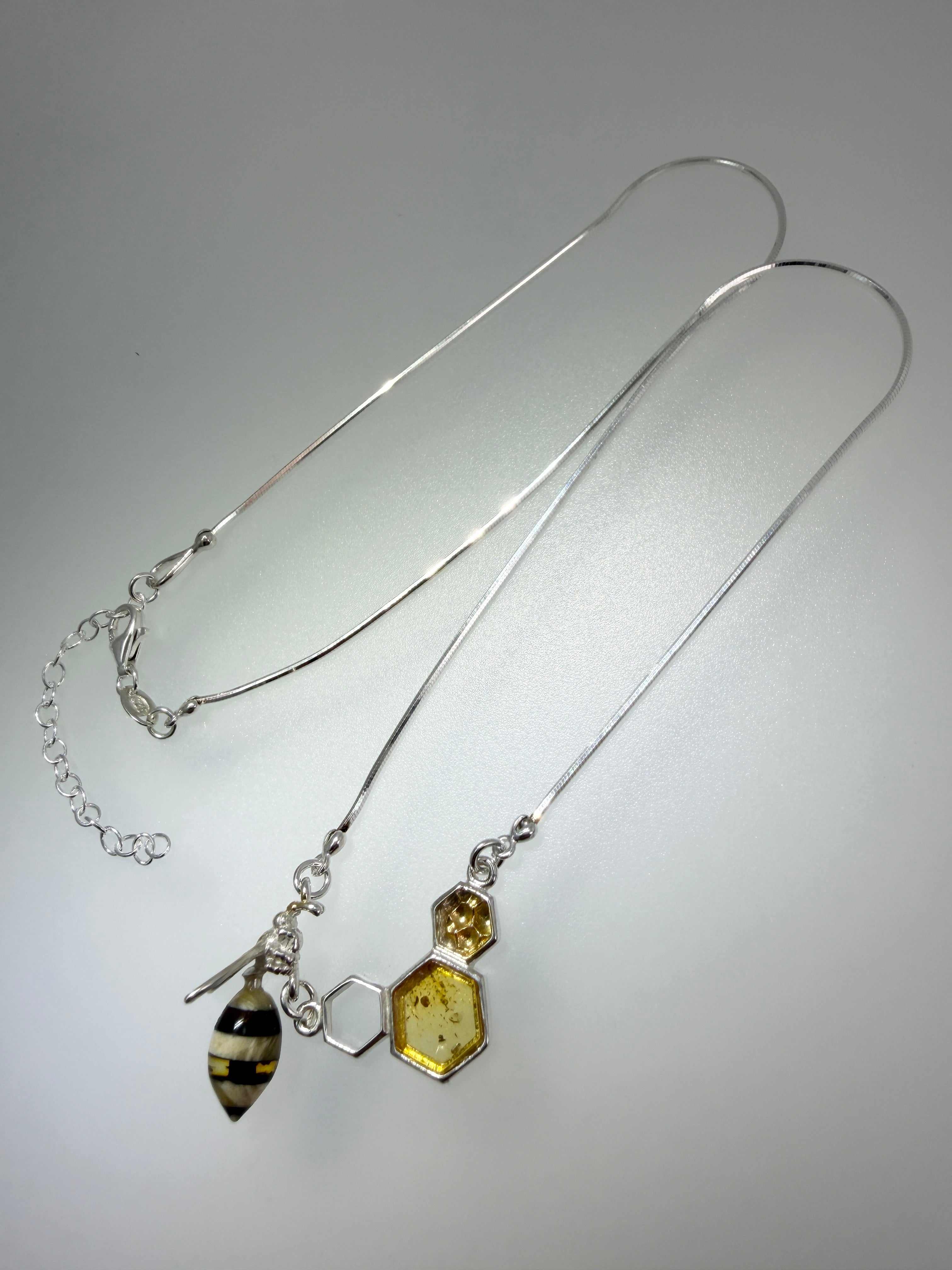 Whimsical Sterling Silver & Multicolor Baltic Amber Bumblebee Honeycomb Necklace – Handmade in Poland
