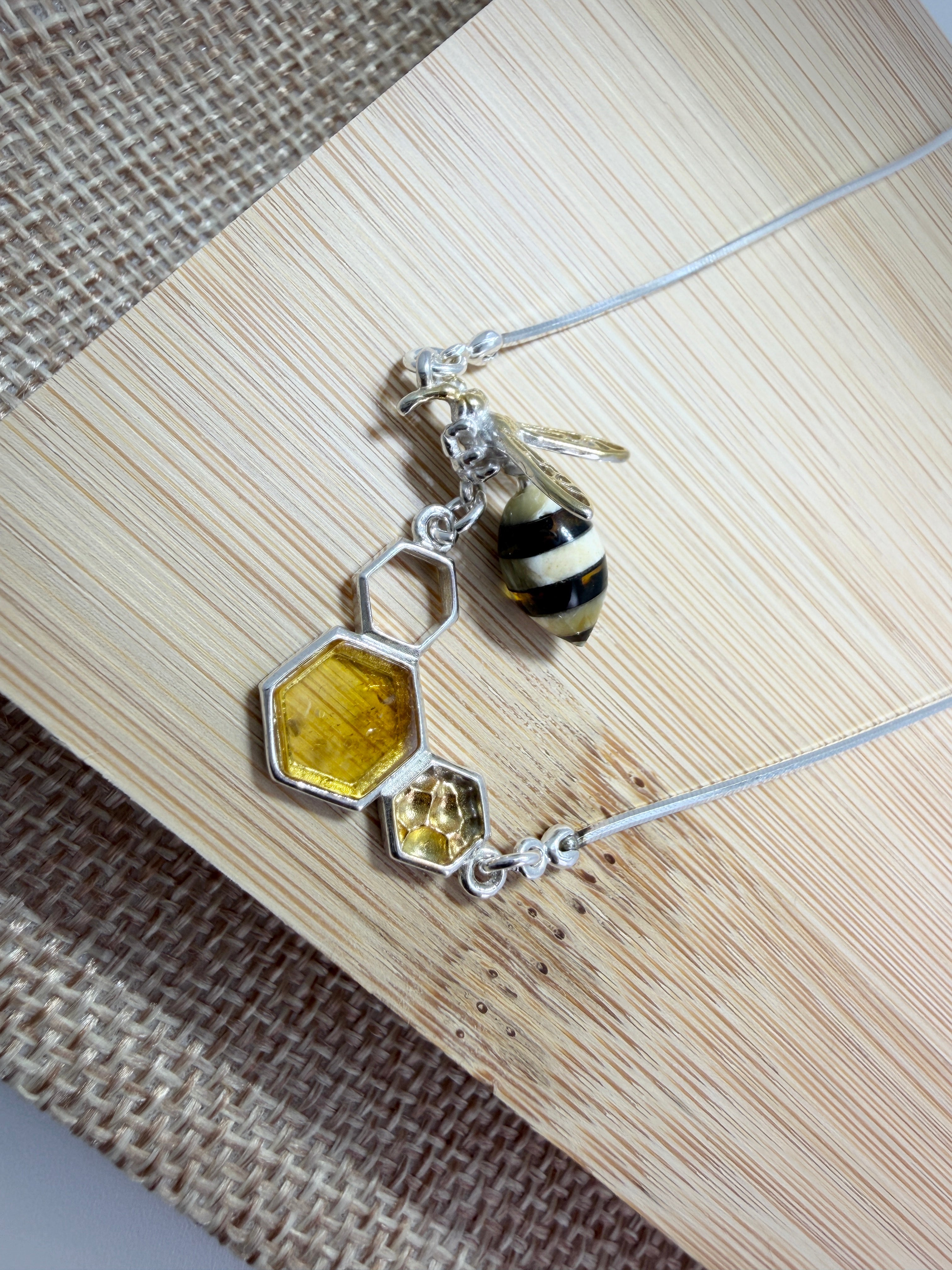 Whimsical Sterling Silver & Multicolor Baltic Amber Bumblebee Honeycomb Necklace – Handmade in Poland