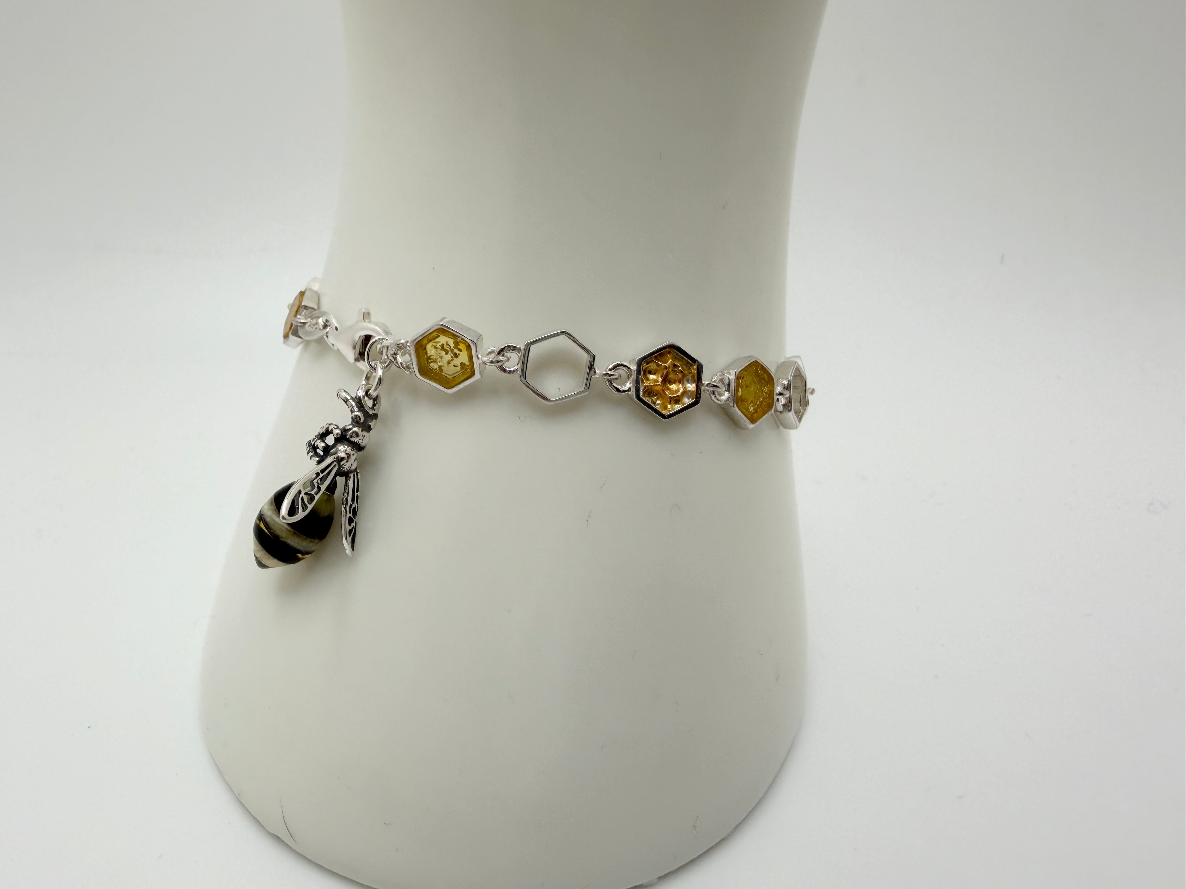 Whimsical sterling silver honeycomb and Baltic amber Bumblebee link bracelet - handmade nature inspired jewelry.