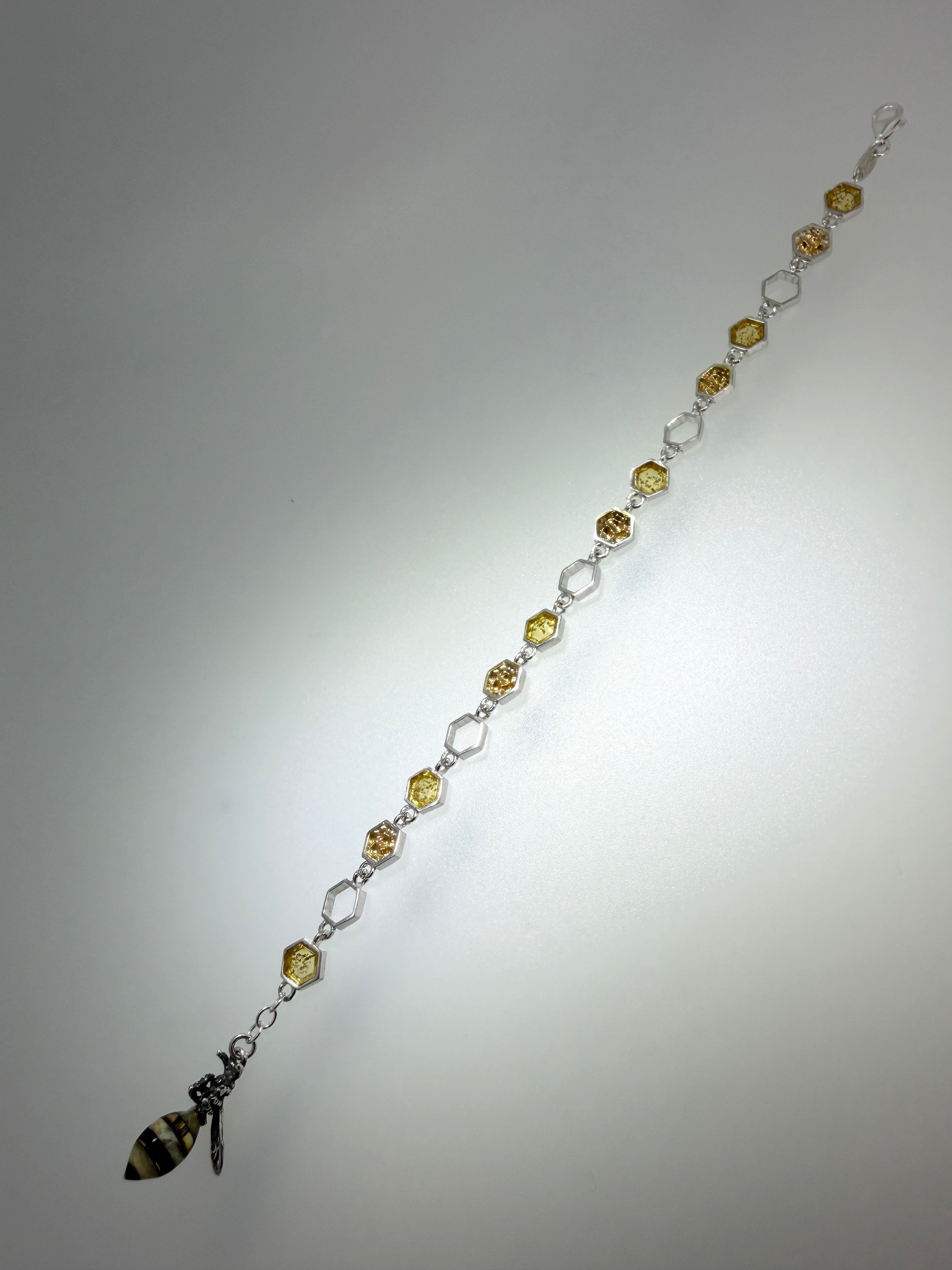 Whimsical sterling silver honeycomb and Baltic amber Bumblebee link bracelet - handmade nature inspired jewelry.