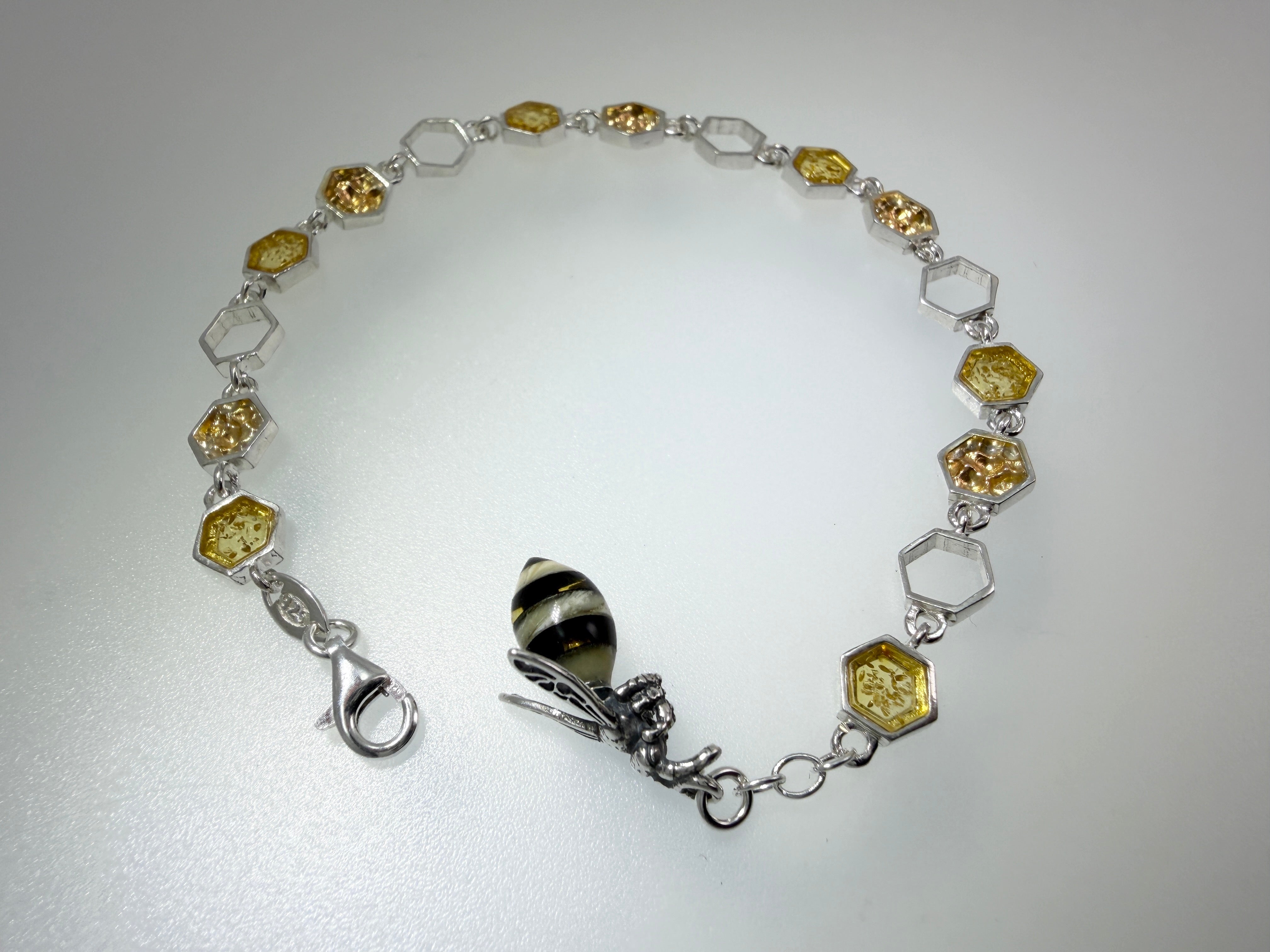 Whimsical sterling silver honeycomb and Baltic amber Bumblebee link bracelet - handmade nature inspired jewelry.