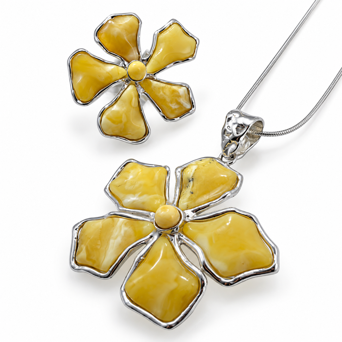 Rare White & Butterscotch Baltic Amber Five-Petal Flower Jewelry Set