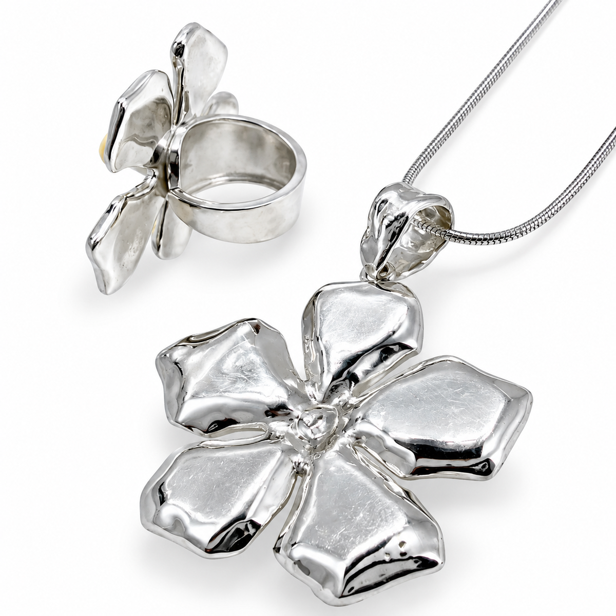 Rare White & Butterscotch Baltic Amber Five-Petal Flower Jewelry Set