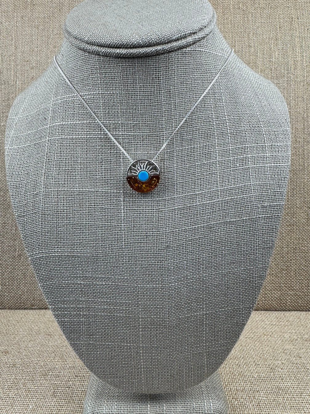 A Timeless Fusion of Cultures and Nature - Baltic amber and Turquoise Pendant on silver chain