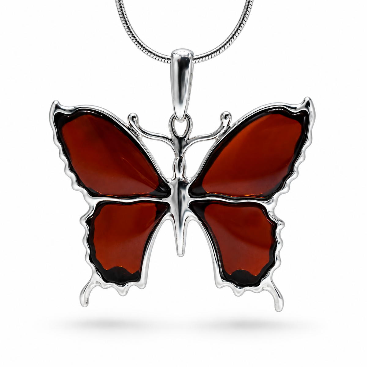 Handmade Sterling Silver Baltic Amber Butterfly Pendant Necklace – Honey, Green, Lemon, Cherry, or Multicolor