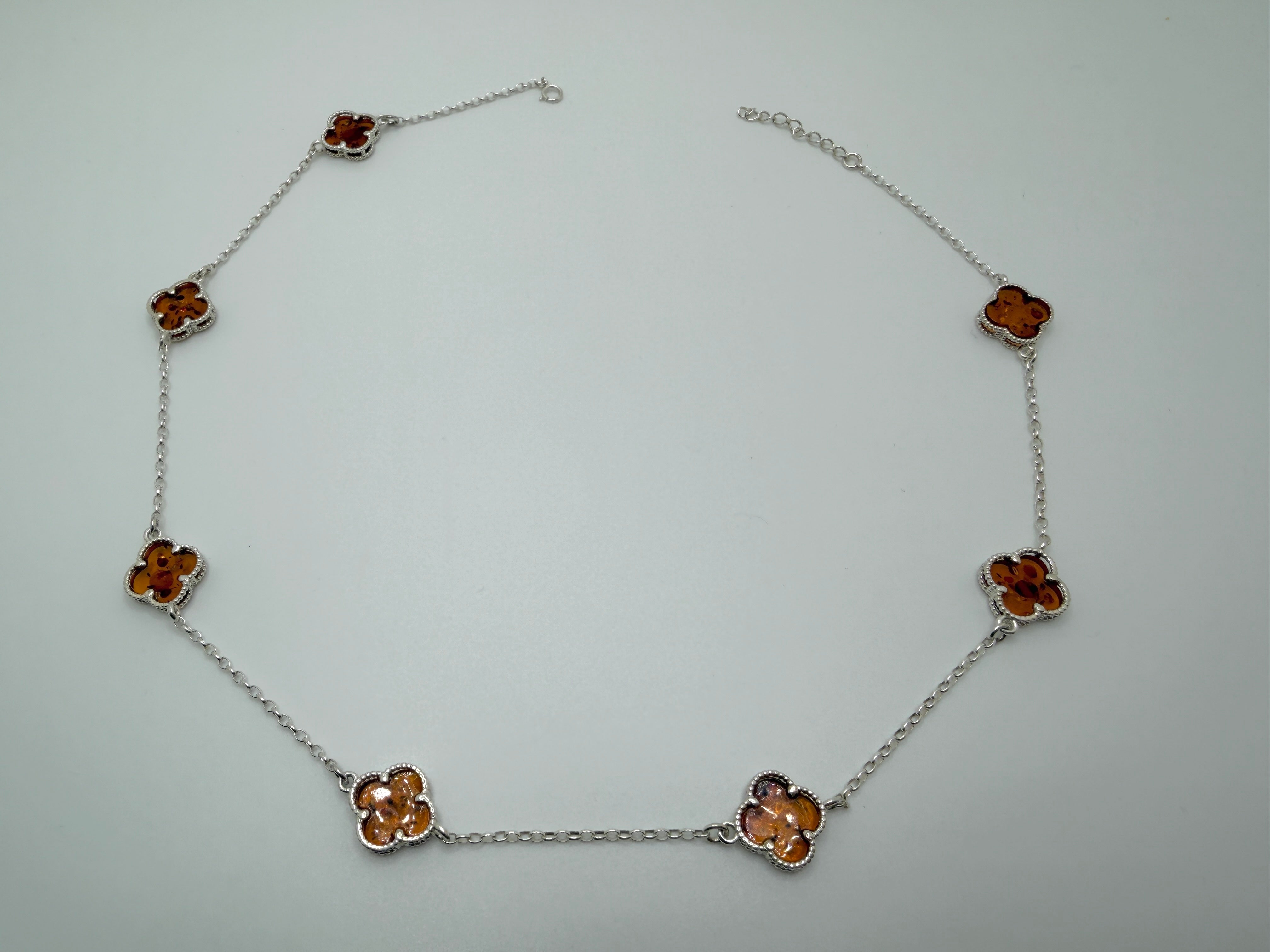 Sterling silver and multi color Baltic amber clover necklace