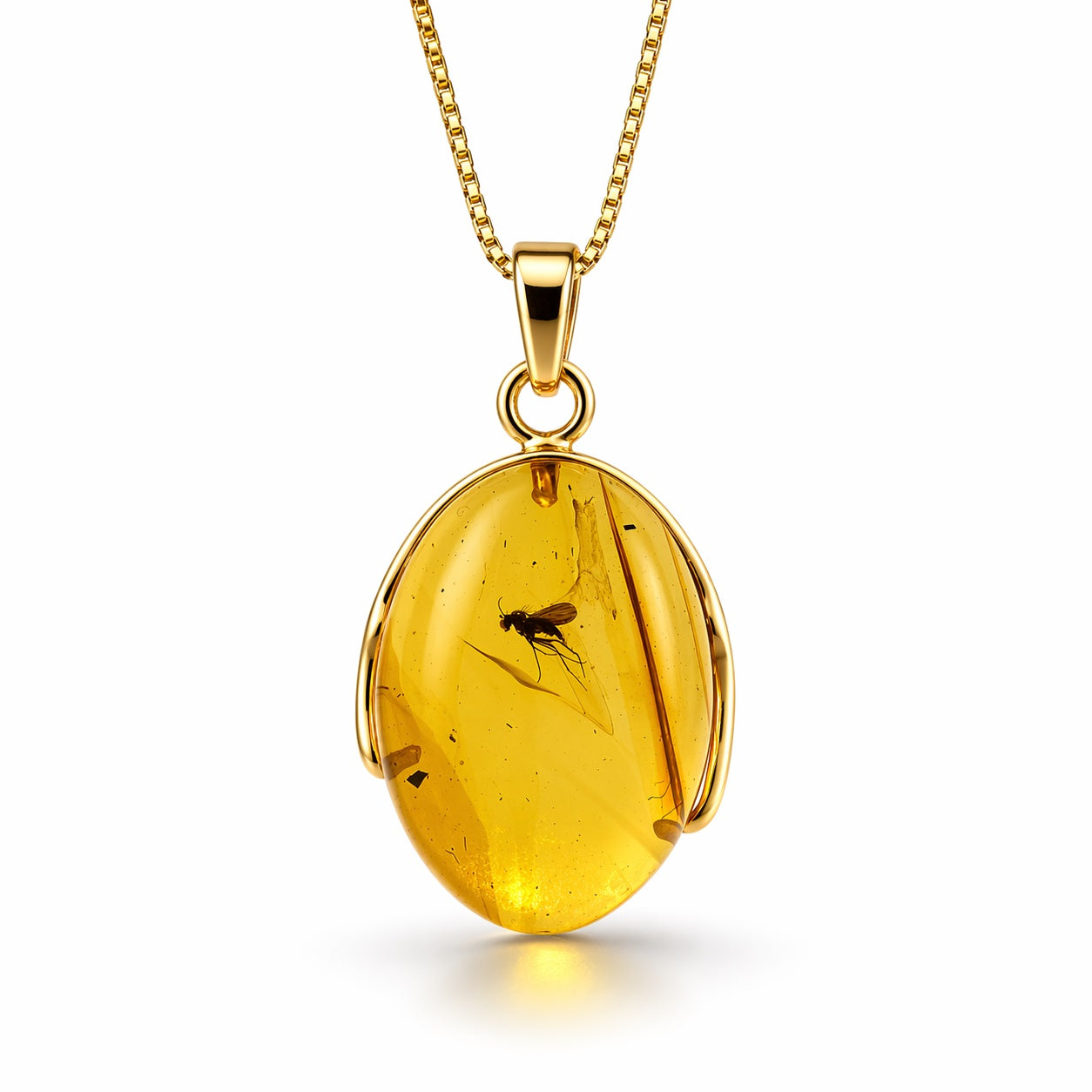 14K Gold Baltic Amber Pendant - Fly Inclusion Fossil Necklace Rare Natural Stone