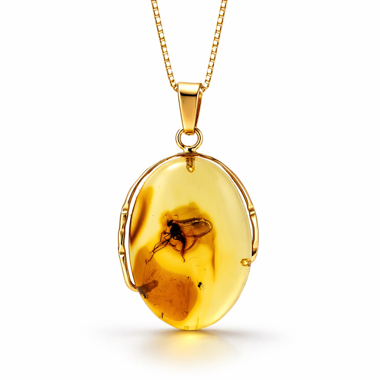 14K Gold Baltic Amber Pendant - Fly Inclusion Fossil Necklace Rare Natural Stone