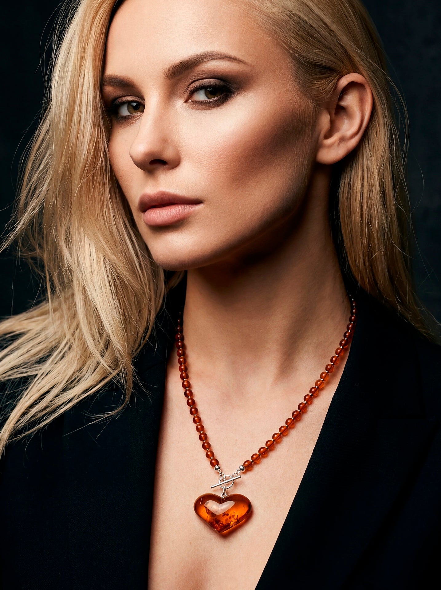 Cognac Baltic Amber Beaded Necklace – Puffy Honey Heart Pendant & Sterling Silver Toggle Closure