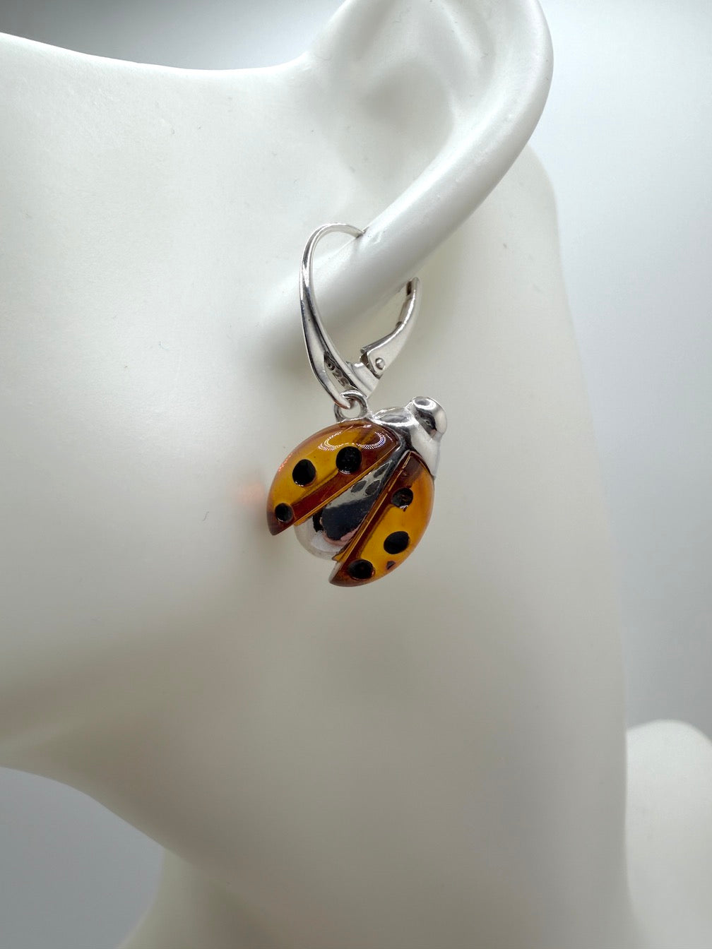 Baltic Amber Ladybug Earrings – Sterling Silver Drop Lever Back – Hand Carved Cognac Amber