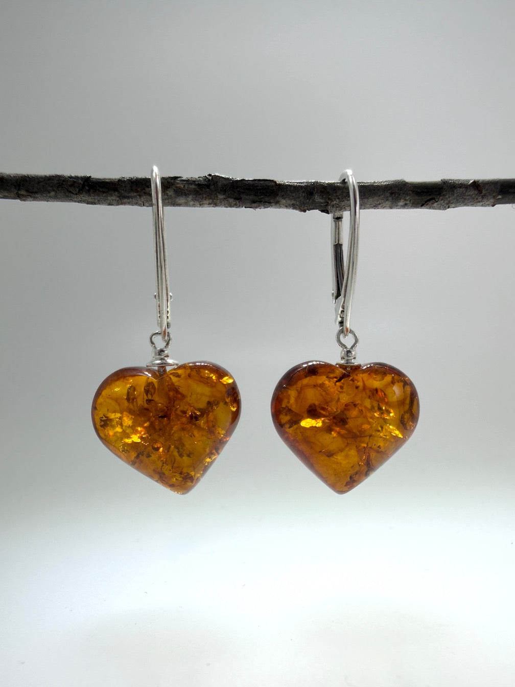 Baltic amber heart leverback drop earrings