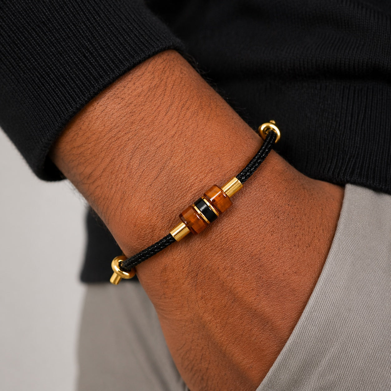 Men’s Baltic Amber & Black Onyx Bracelet – Honey Amber Cone – Adjustable Black Cord – Lightweight Minimalist Men’s Jewelry