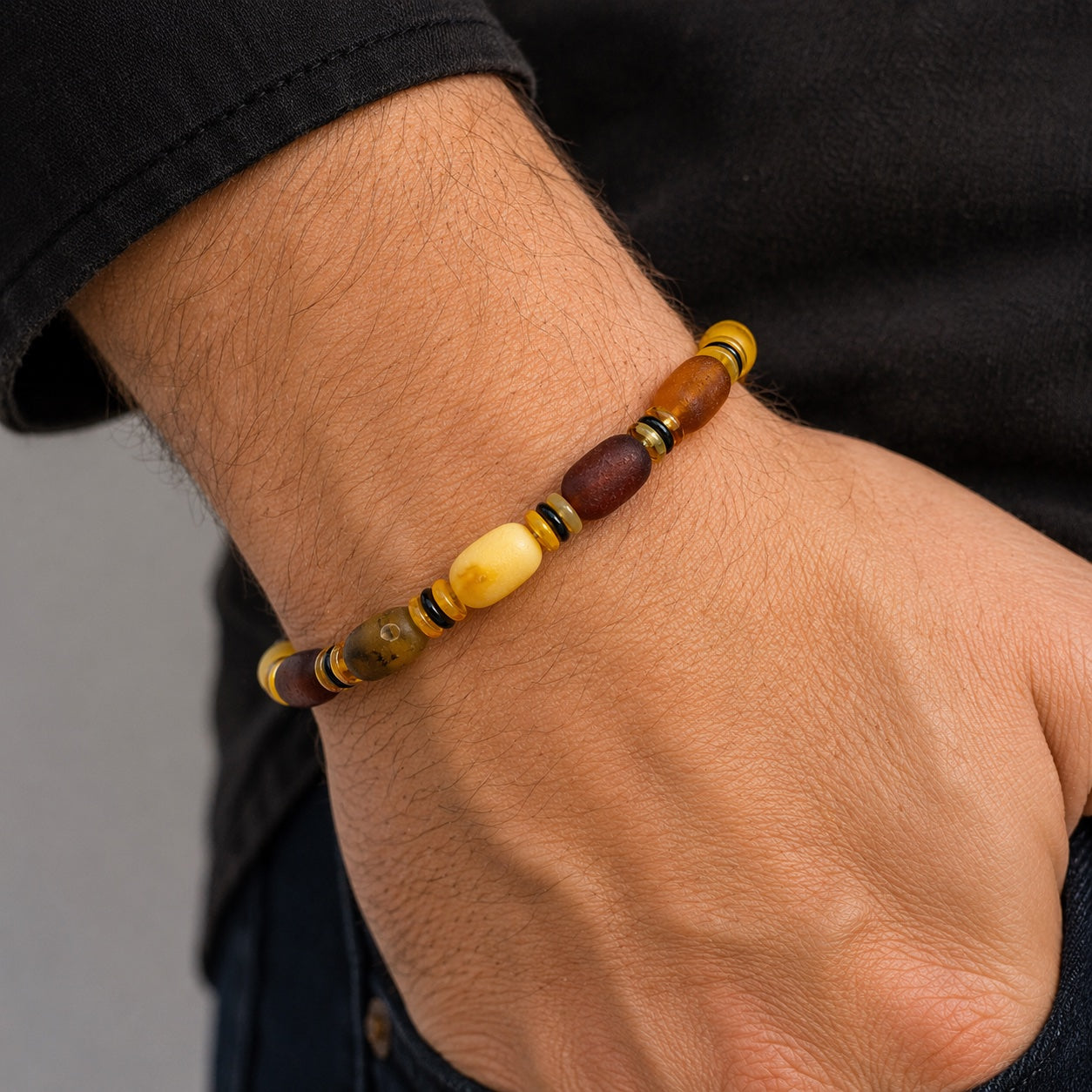 Genuine Baltic Amber Men’s Stretch Bracelet | Multicolor | Butterscotch, Lemon, Cherry & Honey | Handmade Amber Jewelry