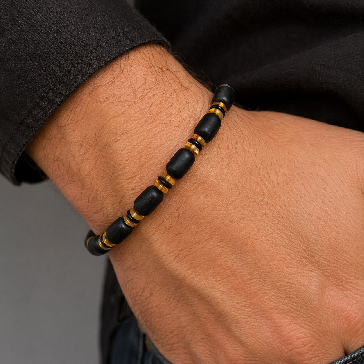 Genuine Baltic Amber Men’s Stretch Bracelet | Dark Cherry Amber & Lemon Contrast | Handmade Amber Jewelry