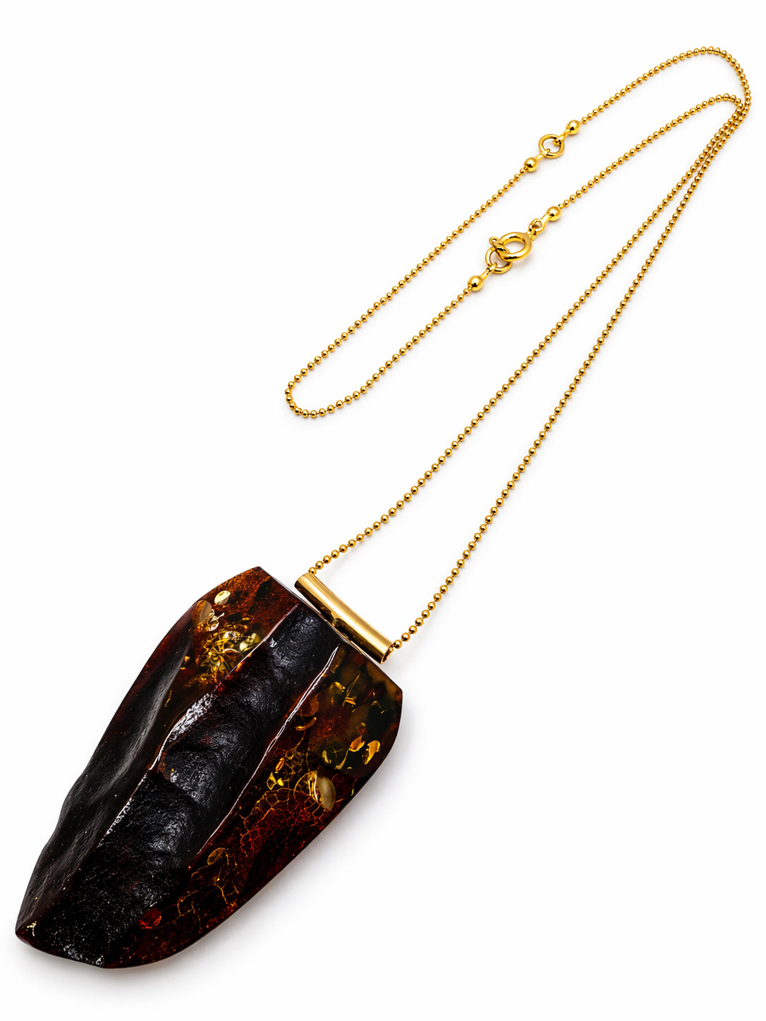 Cherry Green Baltic Amber Necklace – Large Modern Triangle Pendant – Gold Plated Sterling Silver Bead Chain – Adjustable Length Statement Piece