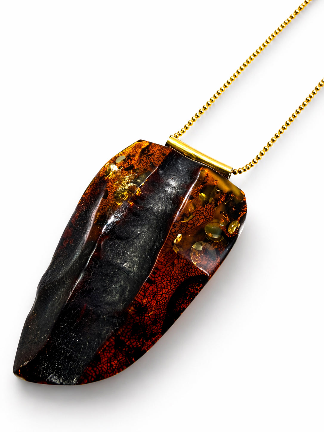 Cherry Green Baltic Amber Necklace – Large Modern Triangle Pendant – Gold Plated Sterling Silver Bead Chain – Adjustable Length Statement Piece