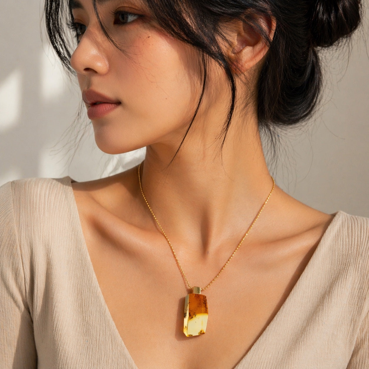 Modern One of a Kind Clear Lemon Baltic Amber Pendant – Gold Plated Sterling Silver Bead Chain – Rare Transparent Amber Necklace