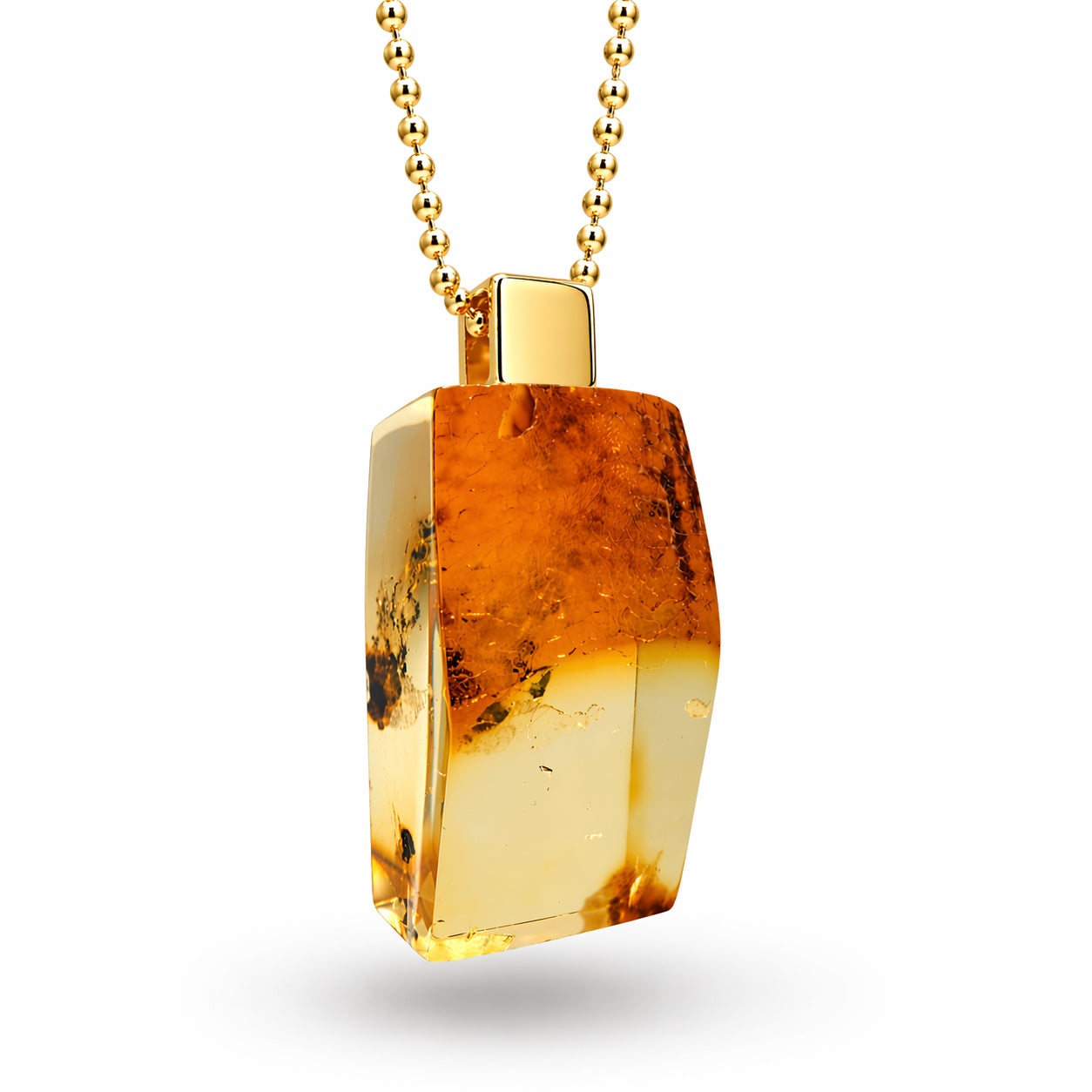 Modern One of a Kind Clear Lemon Baltic Amber Pendant – Gold Plated Sterling Silver Bead Chain – Rare Transparent Amber Necklace