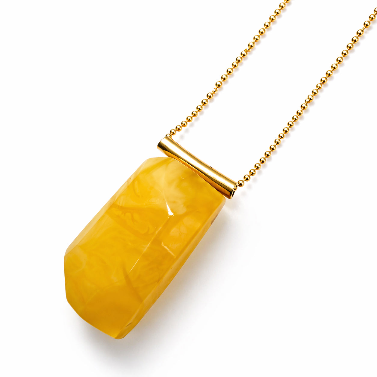 Modern One of a Kind Baltic Amber Pendant – Gold Plated Sterling Silver Bead Chain – Butterscotch Amber Statement Necklace