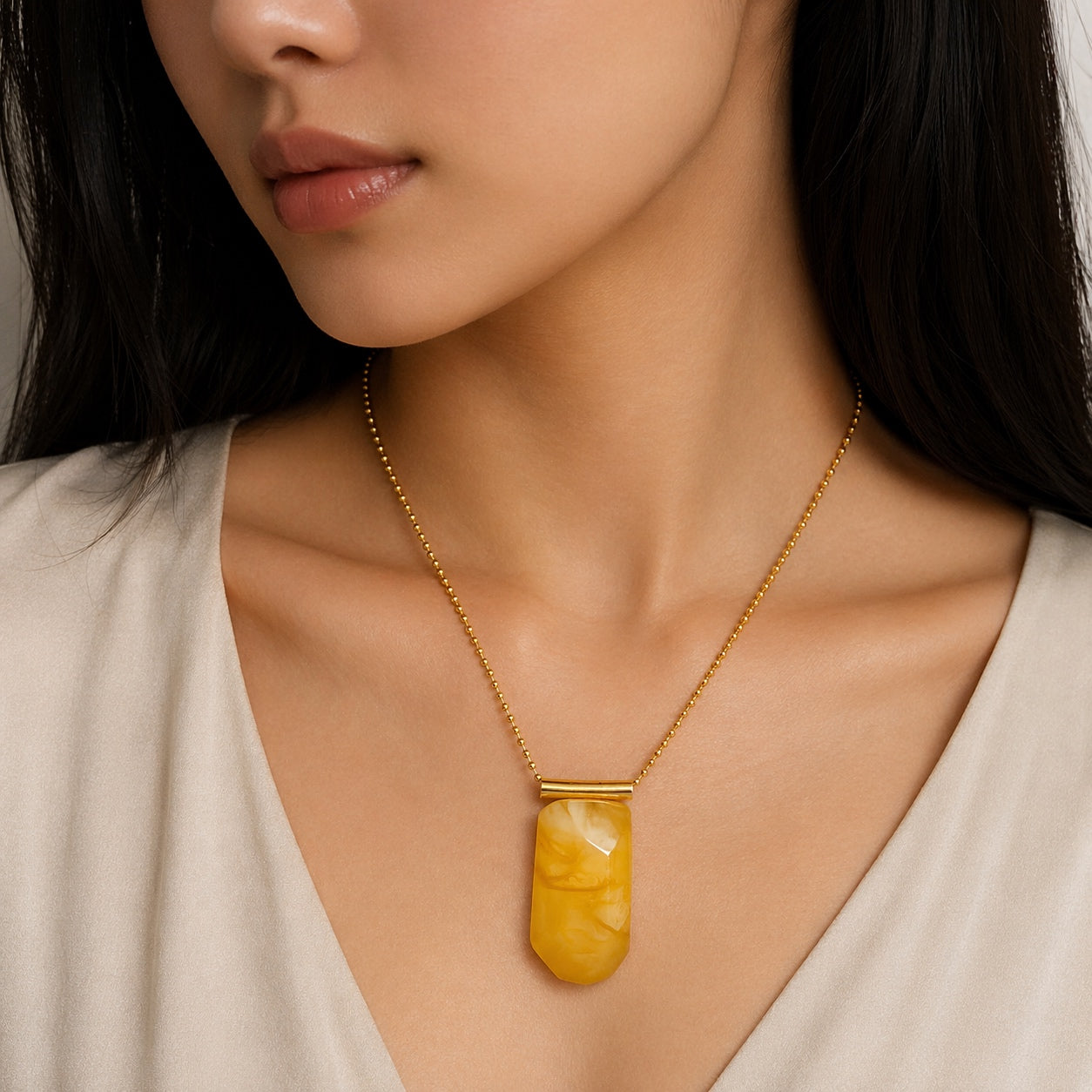 Modern One of a Kind Baltic Amber Pendant – Gold Plated Sterling Silver Bead Chain – Butterscotch Amber Statement Necklace