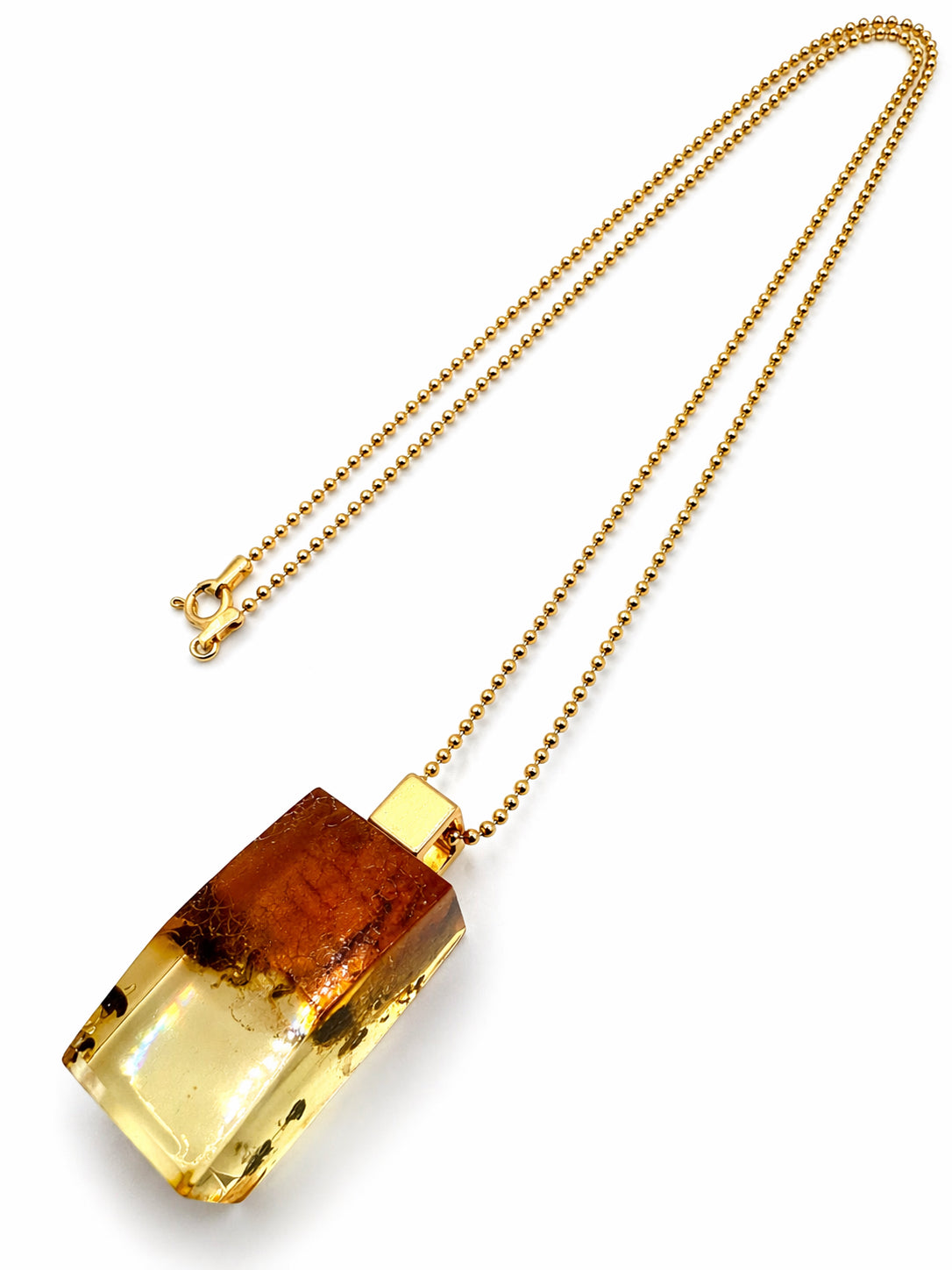 Modern One of a Kind Clear Lemon Baltic Amber Pendant – Gold Plated Sterling Silver Bead Chain – Rare Transparent Amber Necklace