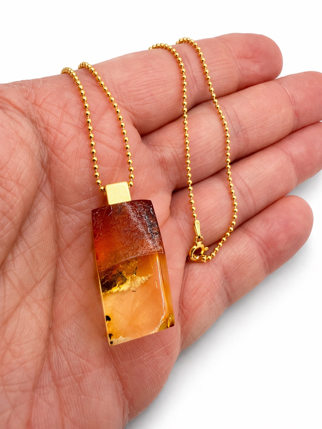 Modern One of a Kind Clear Lemon Baltic Amber Pendant – Gold Plated Sterling Silver Bead Chain – Rare Transparent Amber Necklace