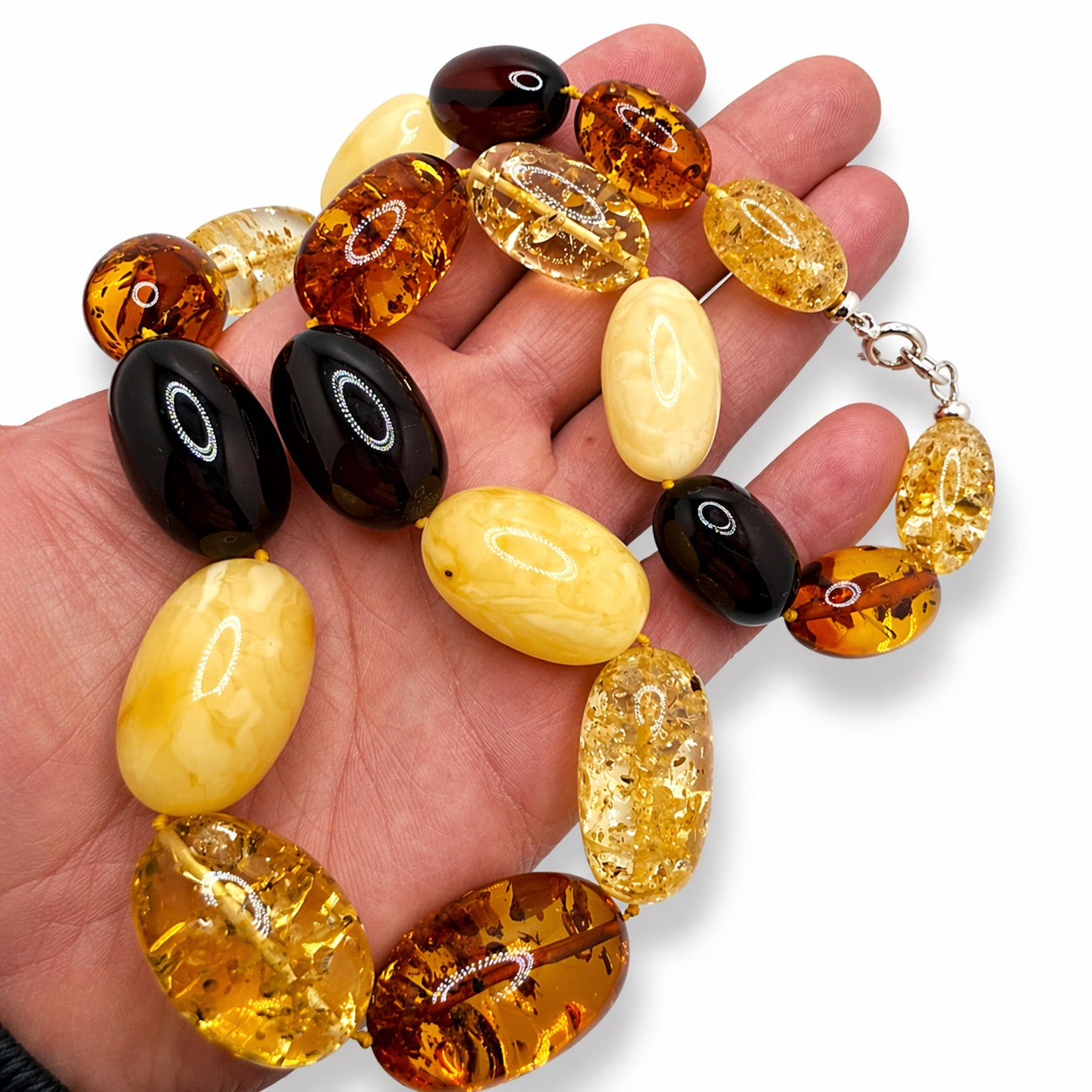 Genuine Baltic Amber Statement Necklace – Multicolor Lemon Cognac Cherry Butterscotch – Oversized Stones – Handmade Sterling Silver Clasp – Museum Quality