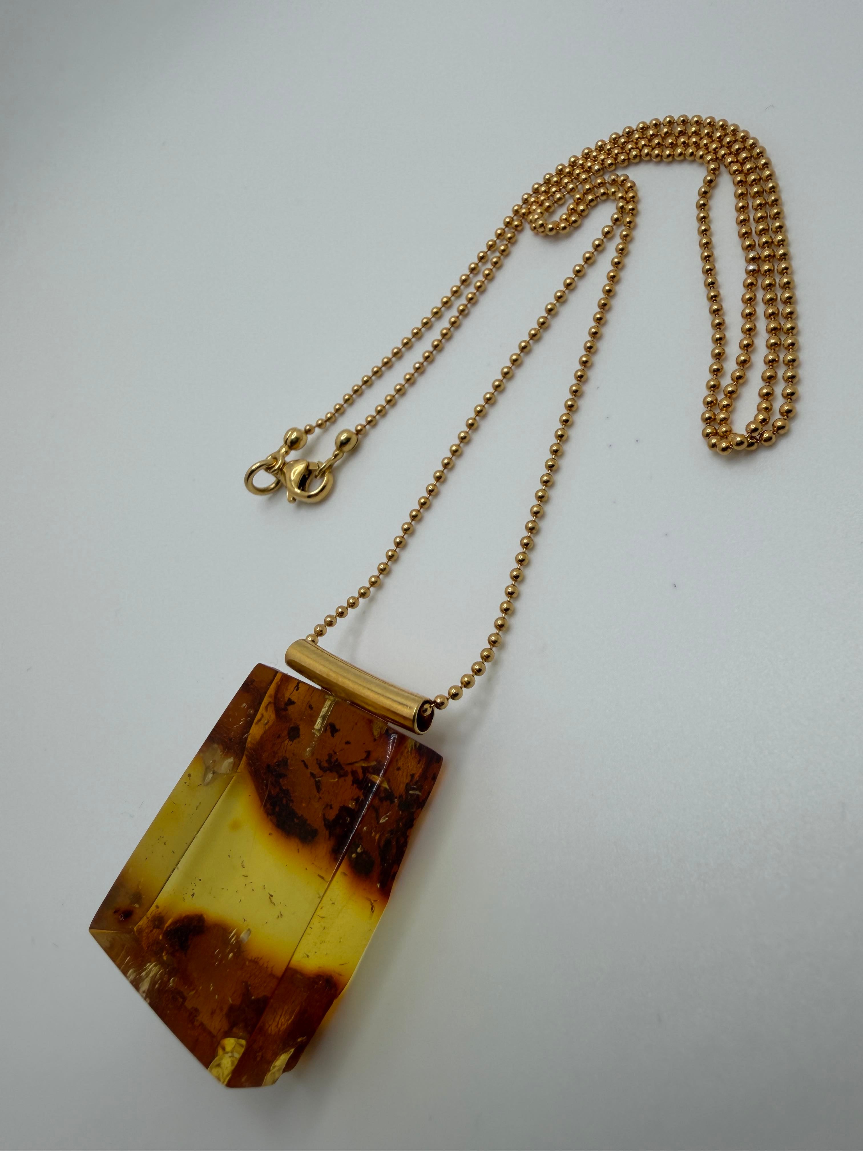 Gold Plated Sterling Silver Baltic Amber Pendant – Lemon Amber – Handmade Modern Jewelry – 22” Bead Chain