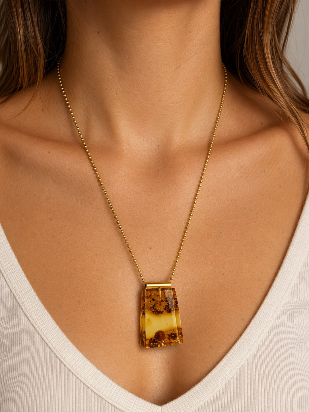 Gold Plated Sterling Silver Baltic Amber Pendant – Lemon Amber – Handmade Modern Jewelry – 22” Bead Chain