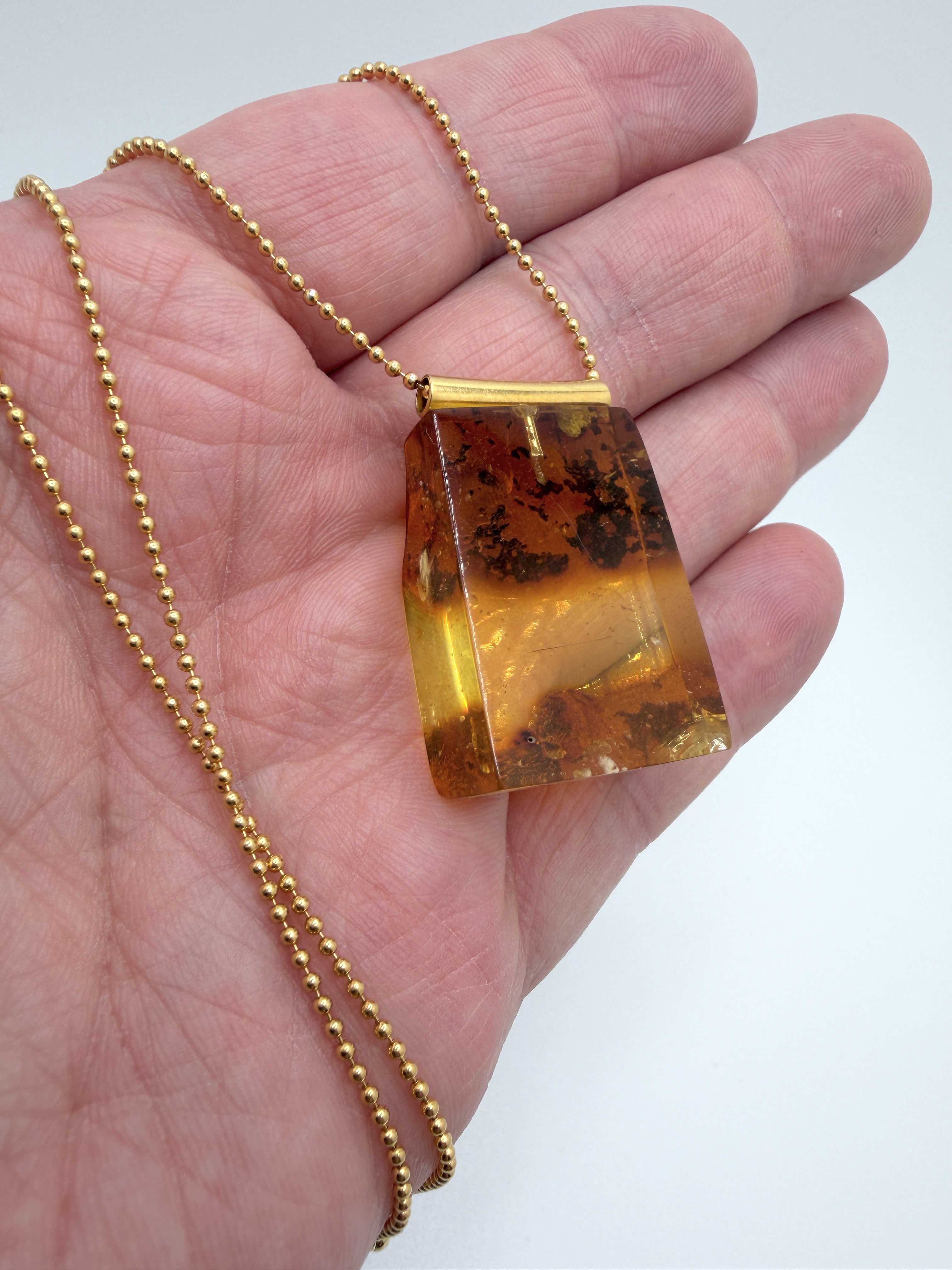 Gold Plated Sterling Silver Baltic Amber Pendant – Lemon Amber – Handmade Modern Jewelry – 22” Bead Chain
